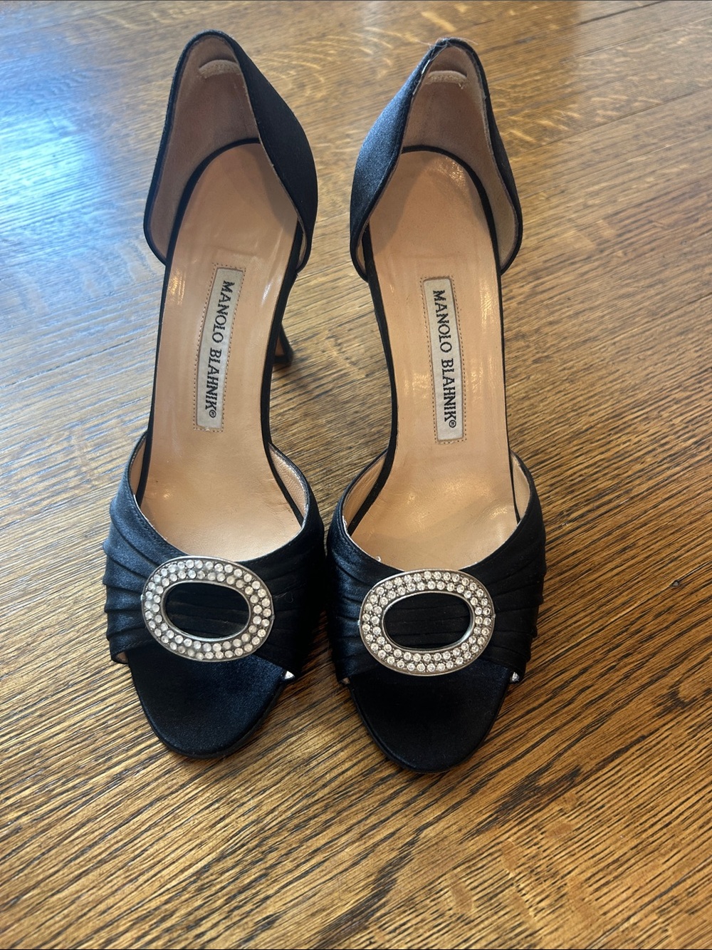 Manolo Blahnik Black Satin D'Orsay Heels with Crystal Oval Buckle 37